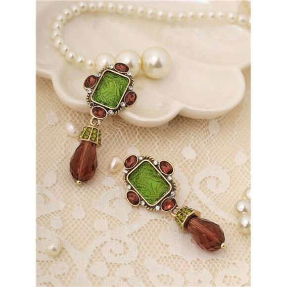 Vintage Retro Statement Dangle Earrings | Green & Brown Drop Pendant - Picture 6 of 6